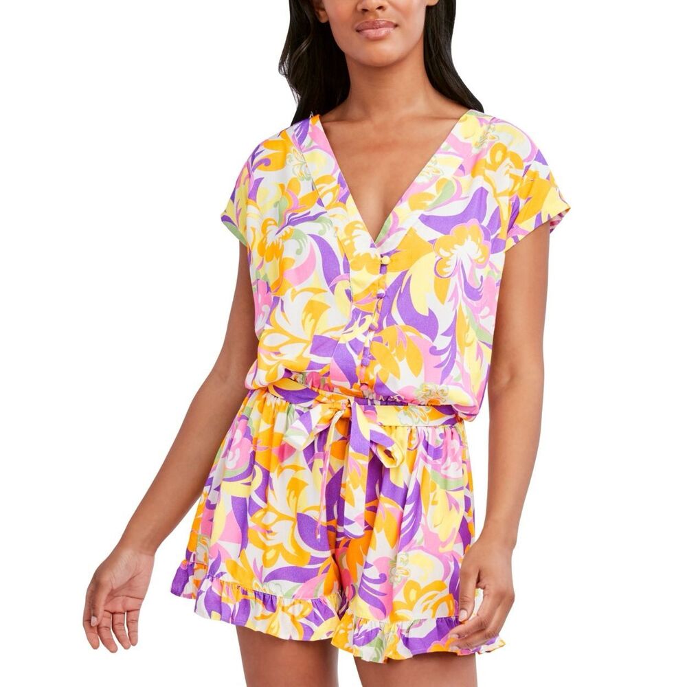 BCBGeneration Give It a Swirl Printed Romper Swim Cover-up Swirl Multi Print XL
